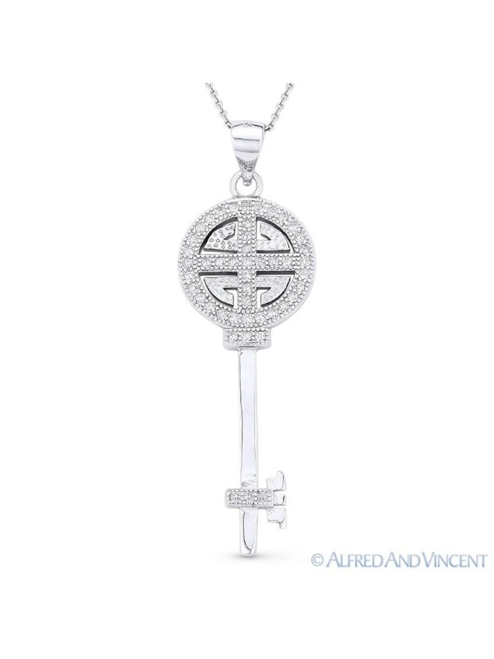 Sun Cross Bow Key Charm CZ Crystal Pendant & Necklace in .925 Sterling Silver